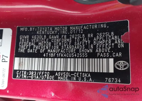 2012 Toyota Camry Se from USA, damaged, VIN 4T1BF1FK4CU542555